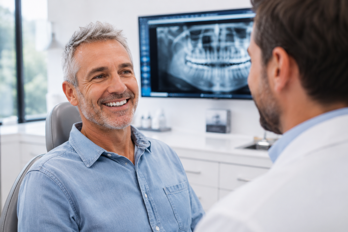 All-on-4 Dental Implants Consultation in Milton | White Dove Dental All-on-4 dental implants consultation in Milton, patient reviewing panoramic X-ray with implant dentist