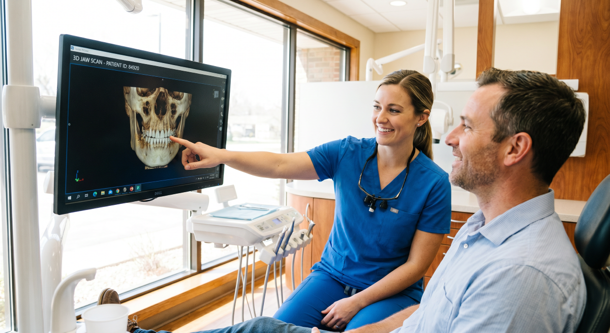 Best implant dentist in Milton reviewing a 3D jaw scan with a patient at White Dove Dental
