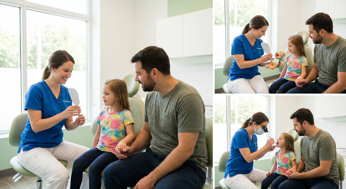 Family Dentistry in Milton, Gentle Child Checkup with Parent Support | White Dove Dental Family dentistry in Milton, pediatric dental checkup with parent present at White Dove Dental