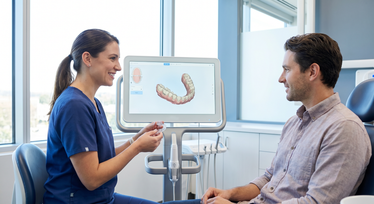 Clear Aligners in Milton, Digital Invisalign Consultation at White Dove Dental Clear aligners in Milton consultation: dentist showing a patient a 3D digital scan of their teeth and an Invisalign tray at White Dove Dental