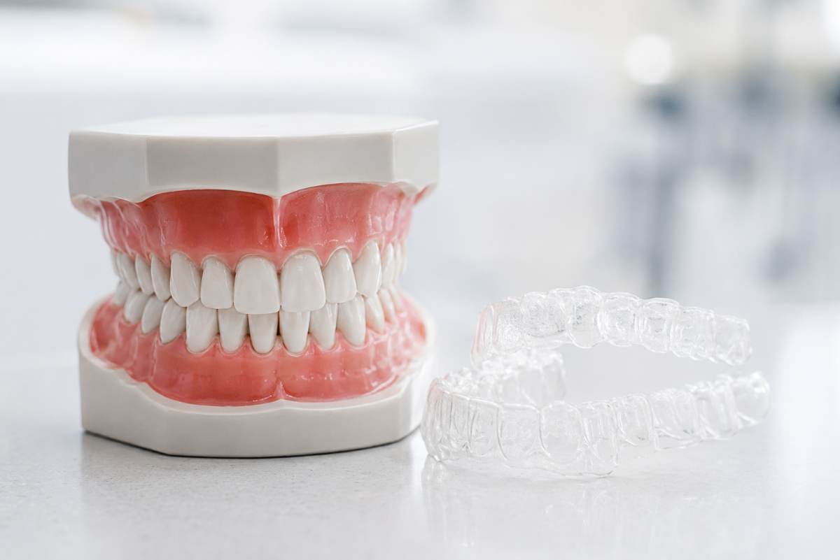 Clear Aligners in Milton | Invisalign Trays at White Dove Dental Clear aligners in Milton, Invisalign trays beside a dental model at White Dove Dental