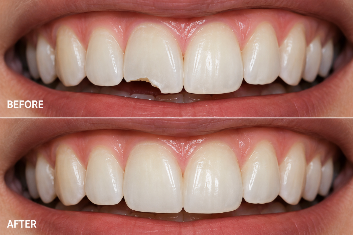 Dental Bonding Before and After in Milton | White Dove Dental Dental bonding before and after in Milton, chipped front tooth repaired with tooth-colored composite resin at White Dove Dental