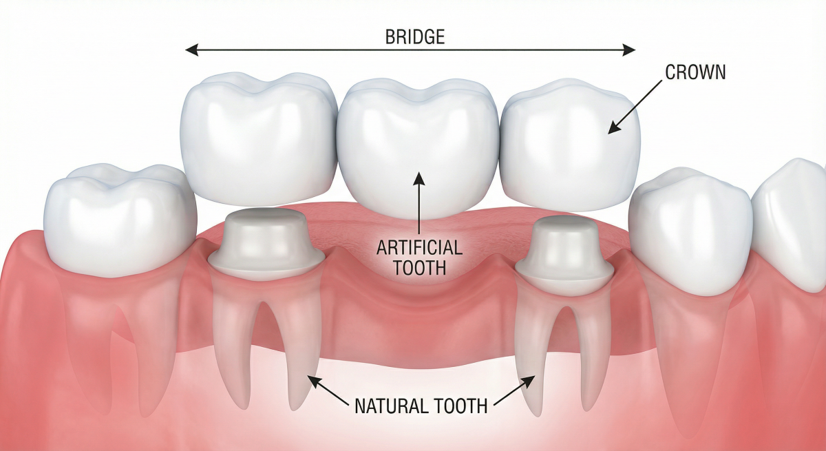 Types of Dental Crowns and Bridges in Milton | White Dove Dental Diagram showing how a dental bridge with crowns is placed over prepared natural teeth, illustrating types of dental crowns and bridges in Milton