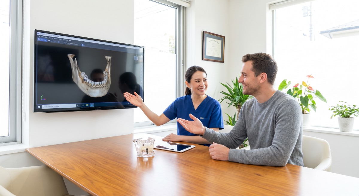 Dental Implants in Milton Treatment Planning Consultation | White Dove Dental Dental implants in Milton consultation, implant dentist reviewing a 3D jawbone scan with a patient to plan implant placement