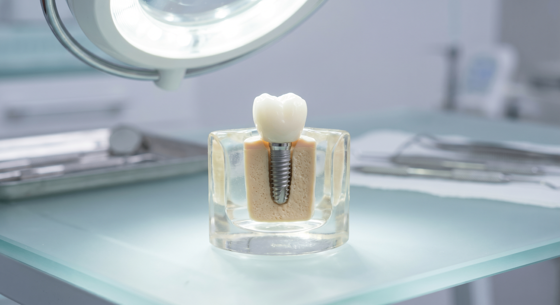 Dental implants in Milton model showing titanium post fused into jawbone with porcelain crown at White Dove Dental