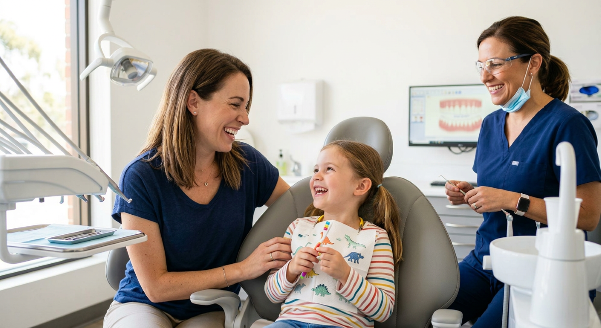 Family Dental Exam in Milton at White Dove Dental Family dental exam in Milton, mother and child during a pediatric dental exam at White Dove Dental