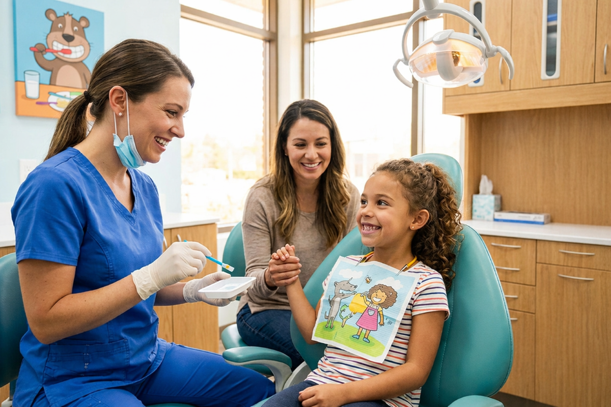 Fluoride Treatment in Milton, Pediatric Fluoride Varnish Application at White Dove Dental Pediatric hygienist applying fluoride treatment in Milton to a smiling young patient at White Dove Dental