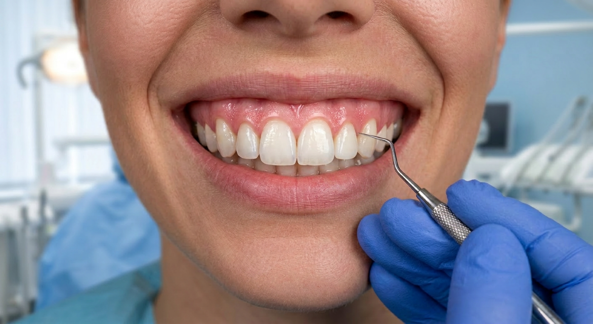 Gum Contouring in Milton, Ontario, Symmetrical Gumline Smile Design at White Dove Dental Gum contouring in Milton, close-up of a symmetrical gumline and even smile assessed by a White Dove Dental cosmetic dentist