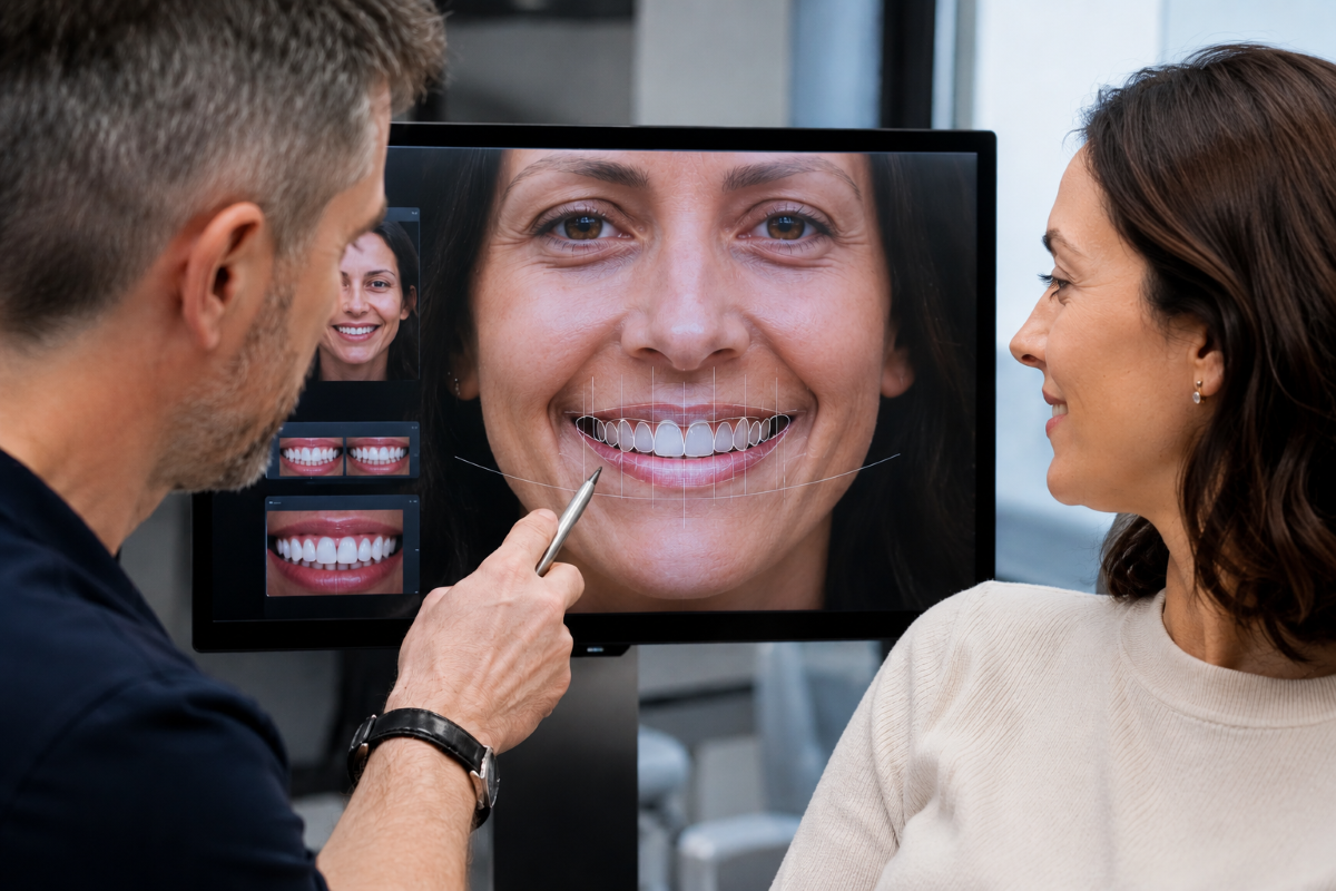 Laser Gum Contouring and Shaping in Milton, Ontario, Digital Smile Design Consultation at White Dove Dental Laser gum contouring in Milton, dentist reviewing a digital smile design and gum line measurements with a patient on a chairside monitor at White Dove Dental