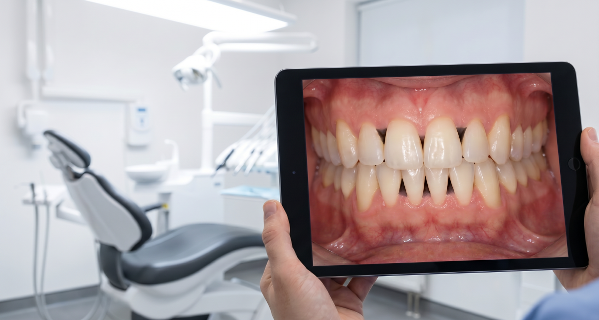 Injection molding in Milton procedure, dentist reviewing close-up intraoral photo of black triangles between front teeth before composite injection molding at White Dove Dental