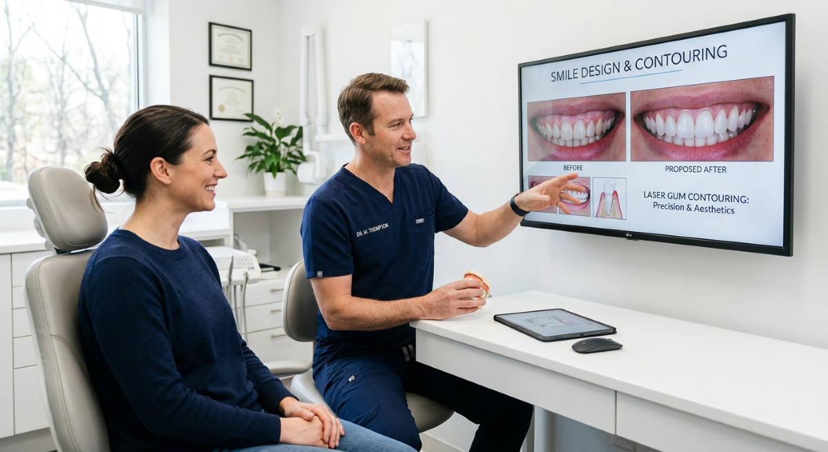 Gum Contouring in Milton, Laser Smile Design & Gummy Smile Consultation at White Dove Dental Gum contouring in Milton consultation, White Dove Dental cosmetic dentist reviewing a laser gum contouring smile design plan with a patient