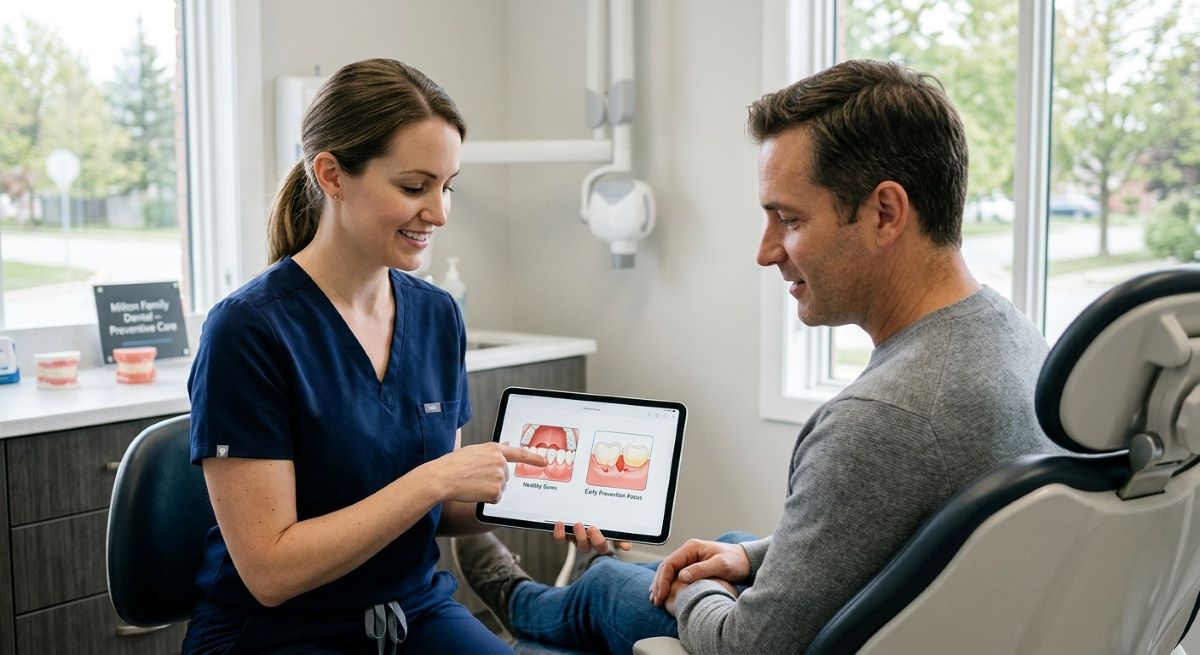 Oral Cancer Screening in Milton, Reviewing Signs and Symptoms at White Dove Dental Dental hygienist reviewing oral cancer screening signs and symptoms with a patient in Milton at White Dove Dental