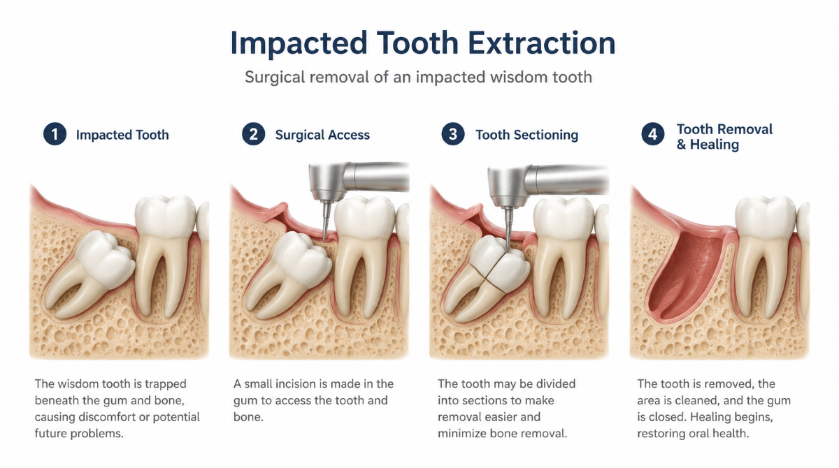 Oral surgery in Milton, step-by-step impacted wisdom tooth extraction diagram