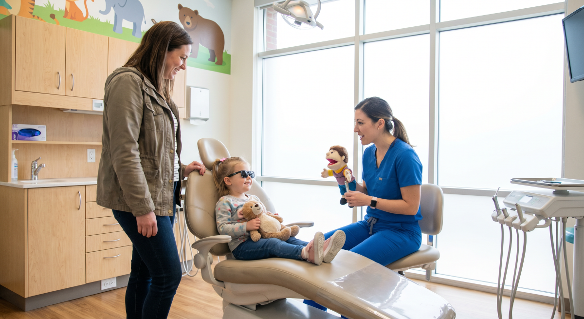 Pediatric Dentistry in Milton | Child-Friendly Tell-Show-Do Visit at White Dove Dental Pediatric dentistry in Milton, gentle female dentist using a hand puppet to introduce dental tools to a smiling young girl wearing sunglasses and holding a teddy bear in the dental chair while her mom watches at White Dove Dental