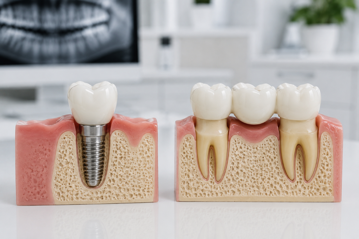 Single tooth implant vs dental bridge comparison model in Milton at White Dove Dental