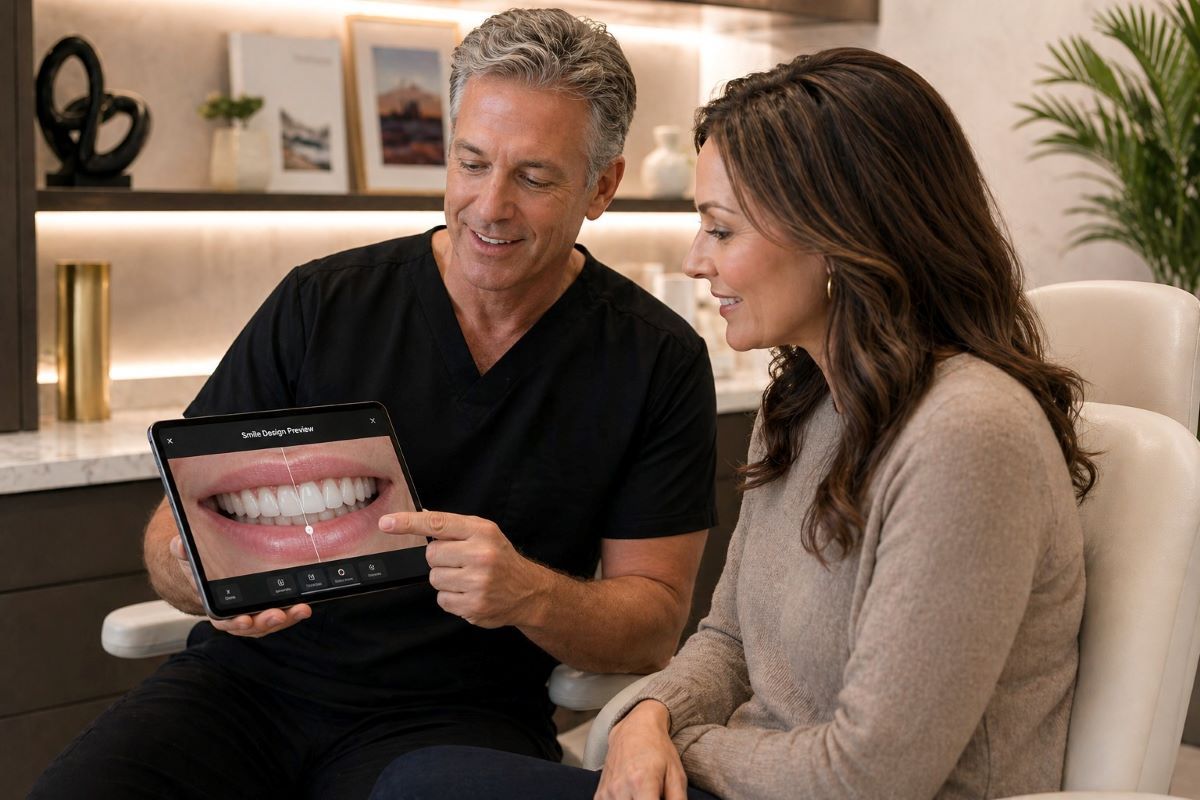 Smile Makeover in Milton, Treatment Planning Consultation | White Dove Dental Smile makeover in Milton consultation, cosmetic dentist reviewing a customized digital smile design plan with a patient