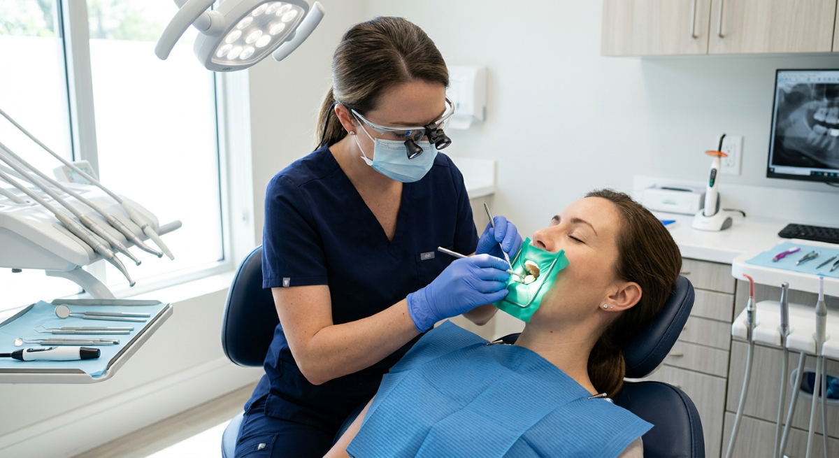 Teeth Filling in Milton, Composite Filling Procedure at White Dove Dental Teeth filling in Milton, dentist carefully placing a tooth-coloured composite filling during a dental restoration appointment