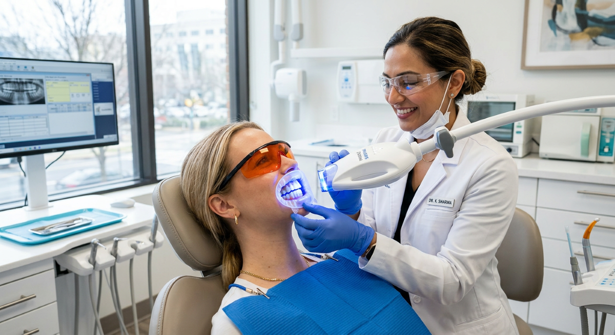 In-Office Teeth Whitening Procedure in Milton, ON | White Dove Dental In-office teeth whitening in Milton, dentist applying professional LED whitening treatment to a patient at White Dove Dental
