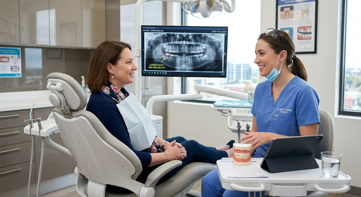 Tooth Extraction Procedure in Milton, Ontario | White Dove Dental Tooth extraction in Milton, dentist reviewing a panoramic dental X-ray with a patient before a gentle tooth extraction procedure at White Dove Dental