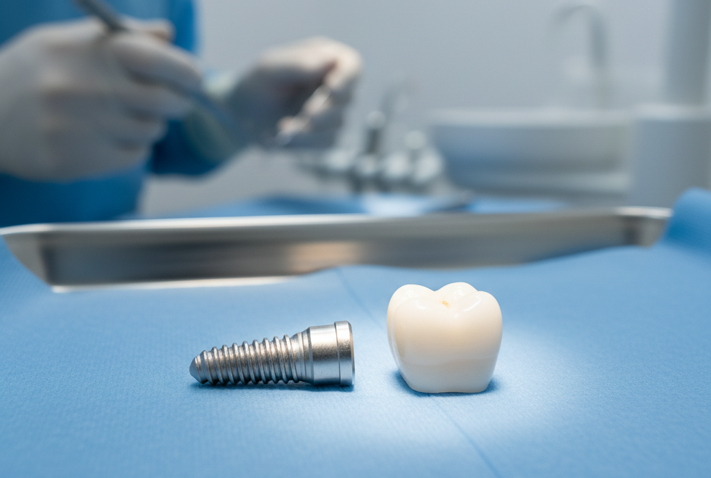 Tooth replacement cost in Milton, titanium dental implant post and porcelain crown on a surgical tray at White Dove Dental