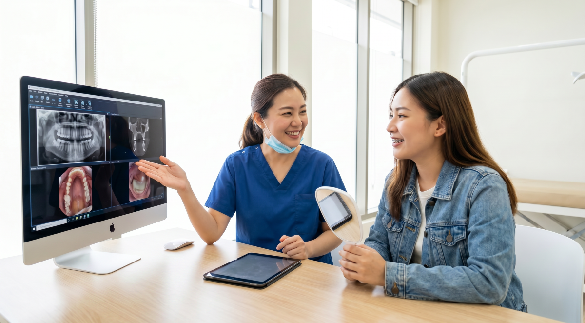 Traditional braces in Milton orthodontic assessment, dentist reviewing panoramic X-rays and intraoral photos with a patient wearing metal braces holding a hand mirror