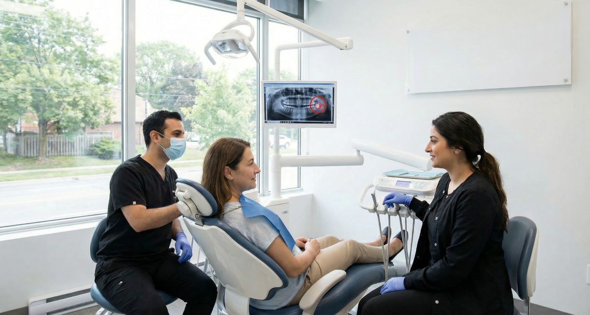 Wisdom Tooth Extraction Consultation in Milton | White Dove Dental Patient reviewing panoramic X-ray of an impacted third molar with the dental team during a wisdom tooth extraction consultation in Milton